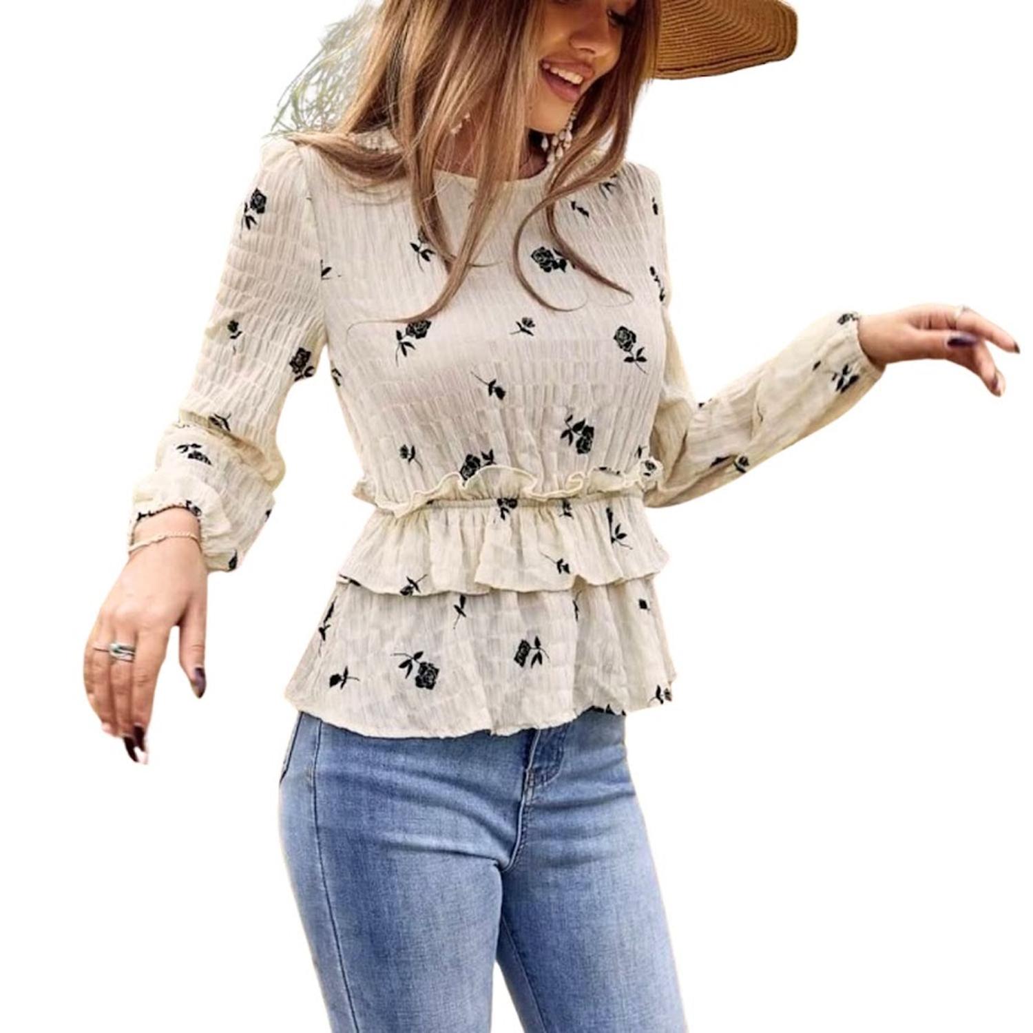 63143890 Blusa con Volantes - Estampado de Rosas Negras, Mangas y Cintura con Vuelo - Imagen 1