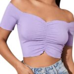 Blusa Crop Lila con Hombros Descubiertos y Drapeado Central - Imagen 2