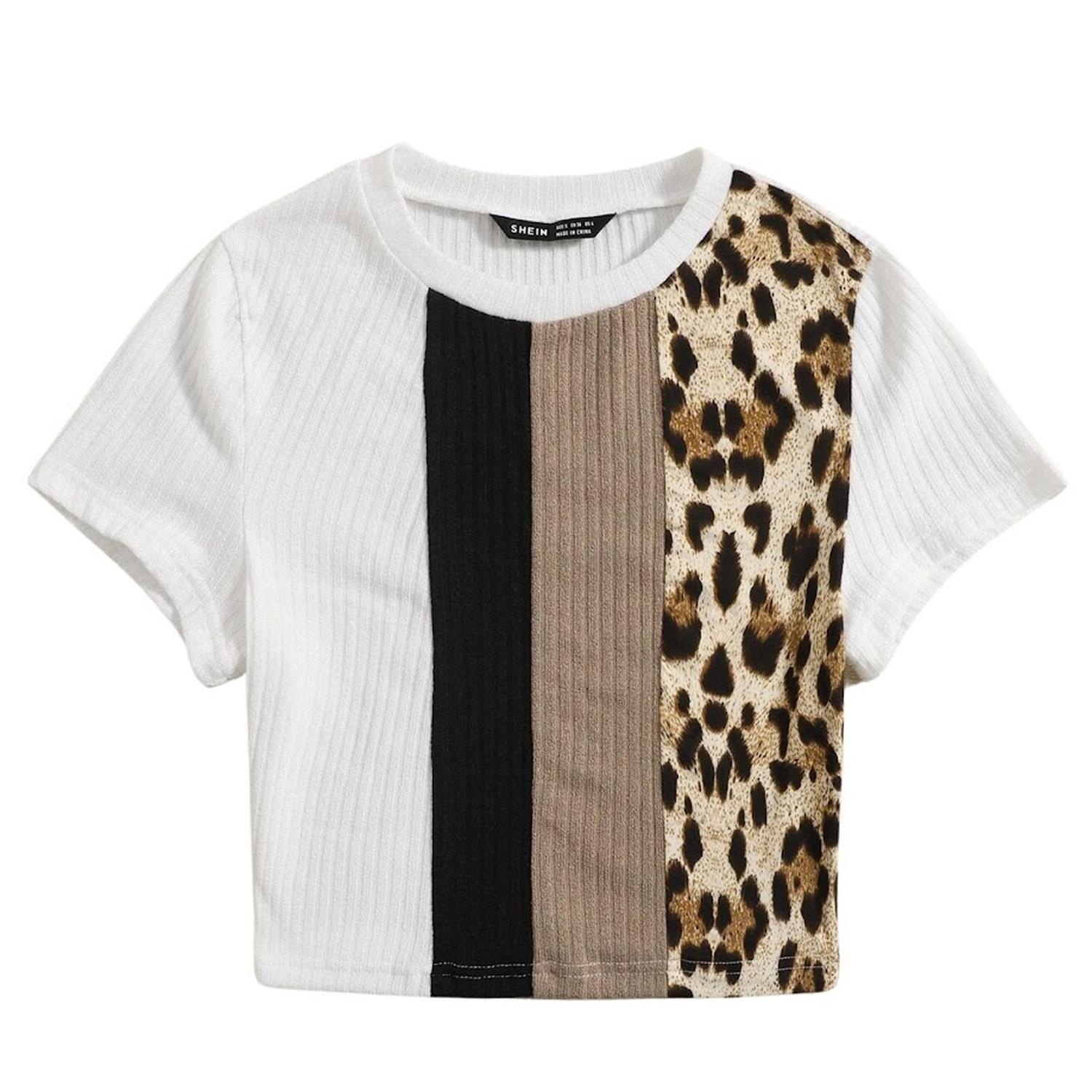 63143879 Camiseta de Canalé Bicolor - Estampado de Leopardo - Imagen 1