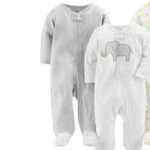 Pack de 3 pijamas enterizos para bebé, con cierre frontal y estampados adorables de elefante, rayas - Imagen 2