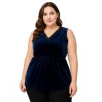 Blusa azul terciopelo con encaje elegante - Imagen 2
