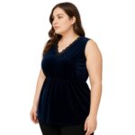 Blusa azul terciopelo con encaje elegante - Imagen 3