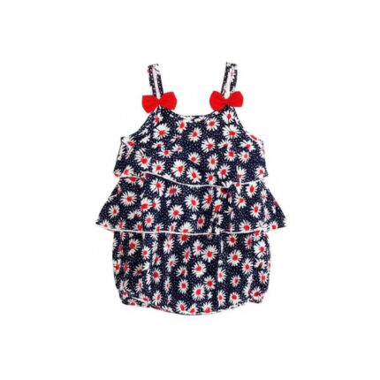 Vestido Niña Verano Estampado Margaritas Lazo Rojo