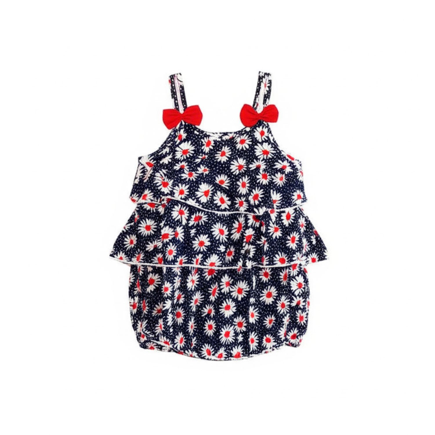 B210122024717 Vestido Niña Verano Estampado Margaritas Lazo Rojo - Imagen 1