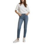 Jeans Mujer Tiro Alto Recto Desflecado Azul